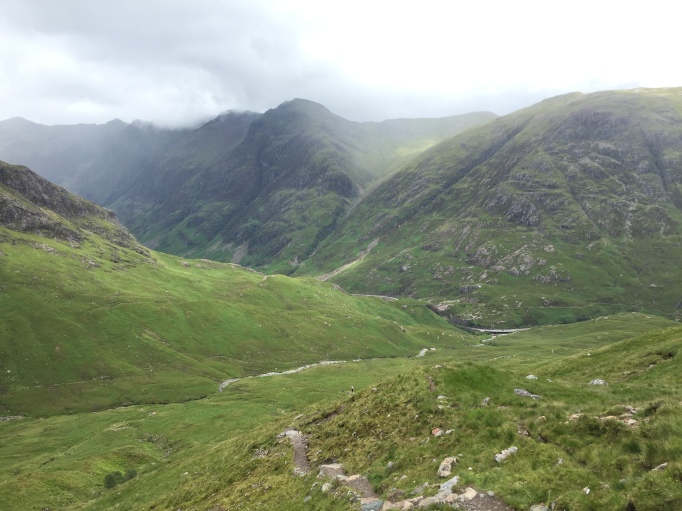 Looking back down to the road; Aonach Eagach beyond